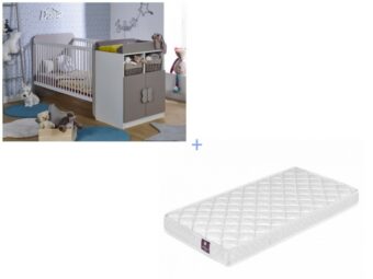 Lit bébé combiné évolutif Fleur blanc/lin 70×140 cm + Matelas