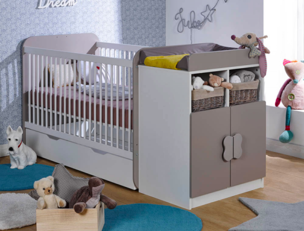 Lit bébé combiné évolutif Fleur blanc/lin 70x140 cm + Matelas – Image 3