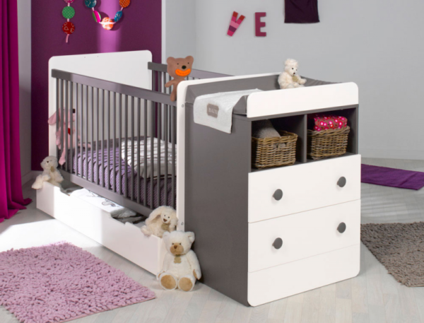 Lit bébé combiné évolutif Malte blanc/taupe 70x140 cm + Matelas – Image 2