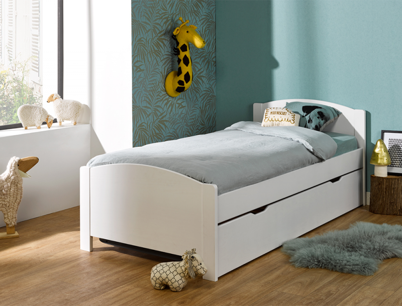 Lit Enfant Bart 90x200 Avec Matelas Sommier Et Tiroir En Blanc - Lit avec  rangement BUT