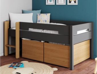 Lit mi-hauteur Milo anthracite et bois 90x190 cm