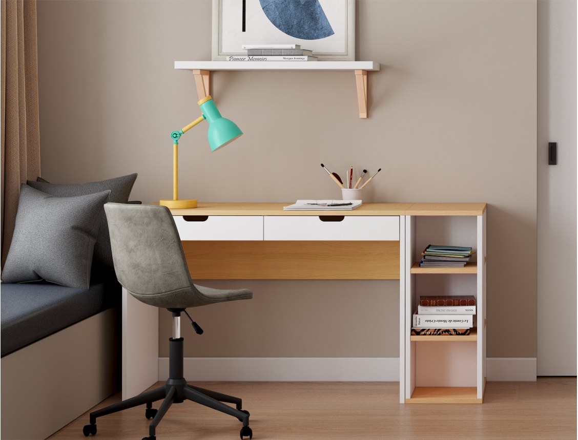 Bureau Blanc et Bois avec caisson Milor